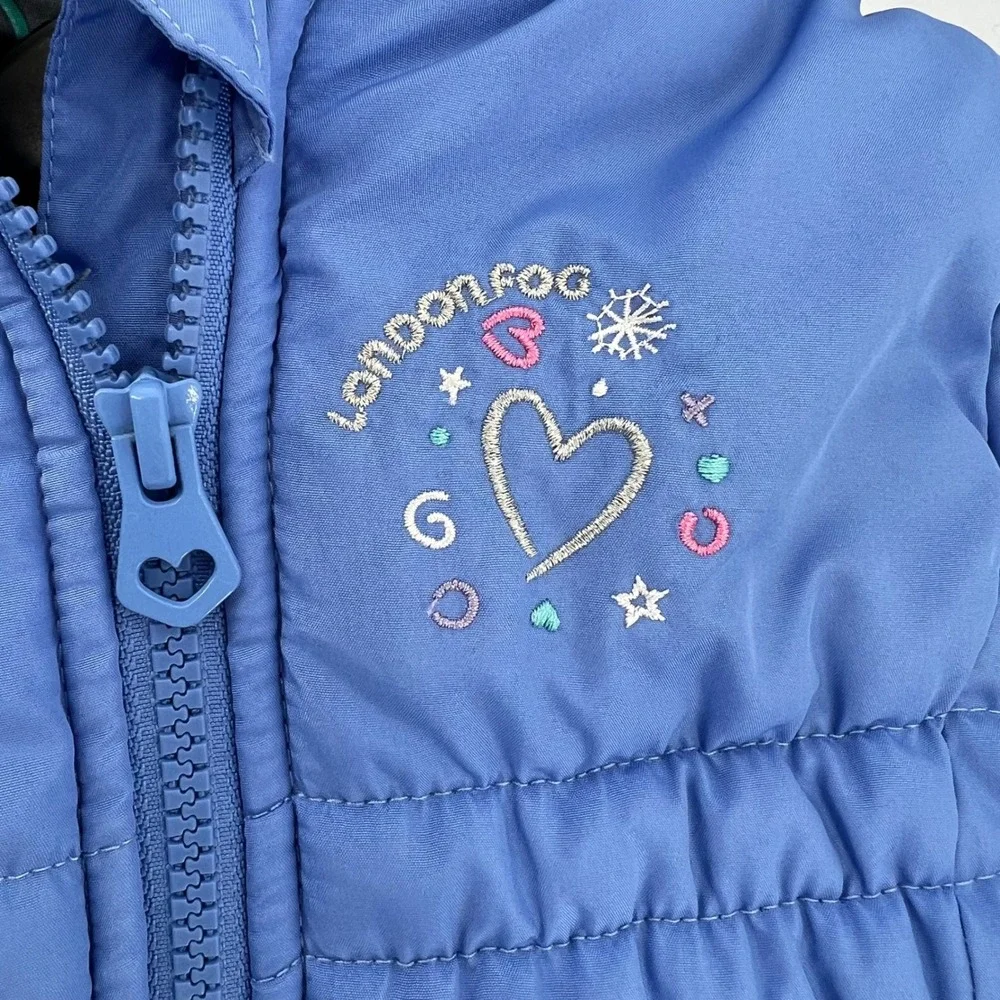 London Fog Kids Puffer Coat Jacket S/4 Blue Faux Fur Hood‎ Embroidered Hearts